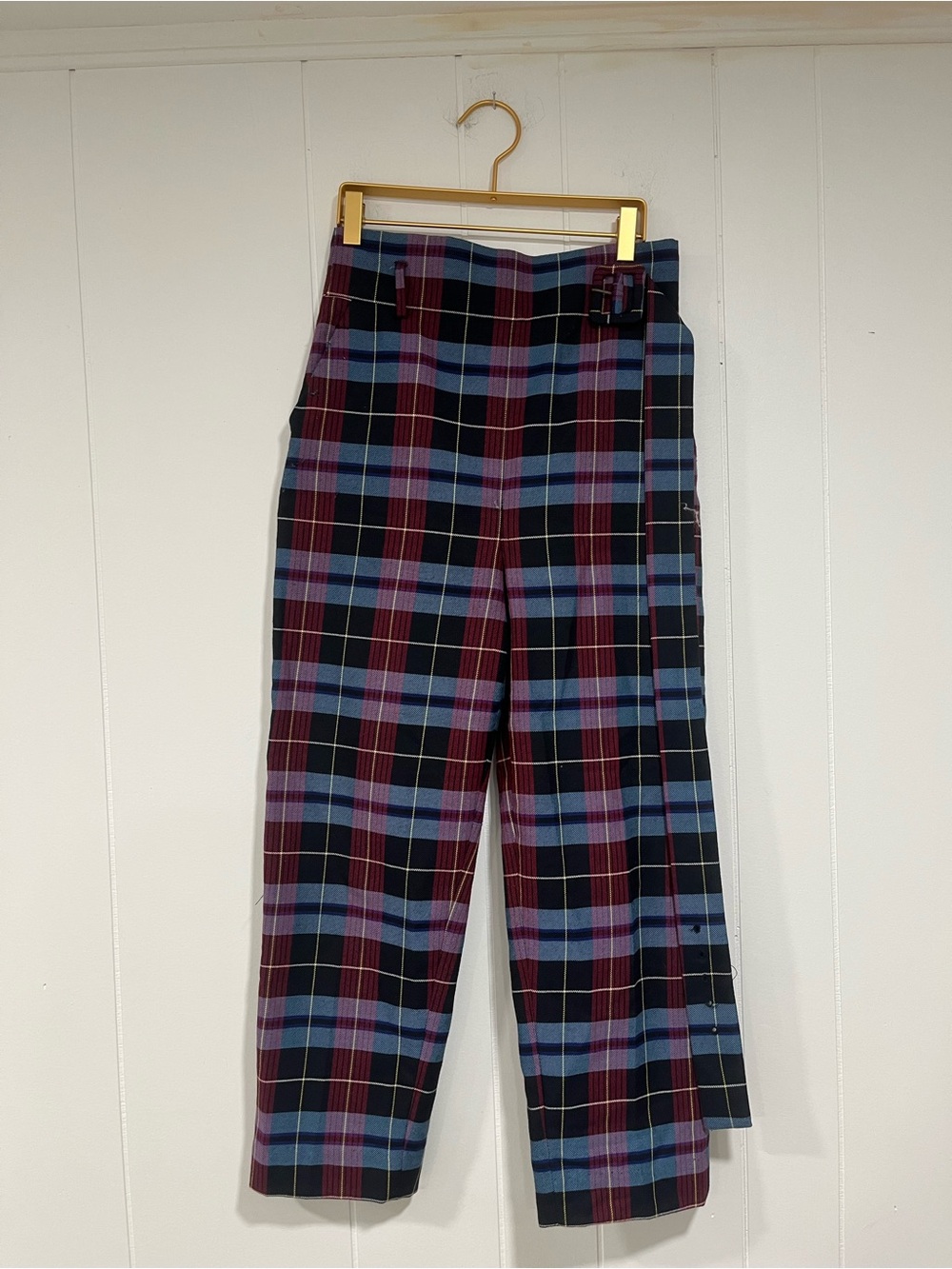 Zara Burgundy and Blue Plaid Wide-Leg Trousers - Picture 3 of 8